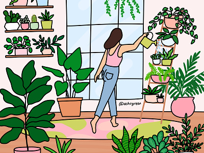 Water your plants apartment design chores etsy girl home decor home decoration house plants housework illustration interior design line drawing mom jeans photoshop plants rug watering can woman