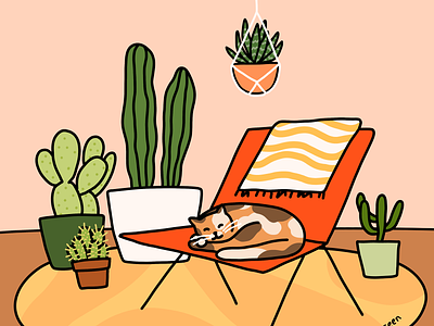 Cozy Home cactus cat chair home home decor illustration interior design line drawing orange photoshop plants rug scene warm