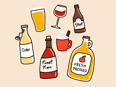 Fall Drinks autumn beer beer art bottles cider cute drinks fresh pressed juice graphics icons illustration label pinot noir pumpkin spice stout wine