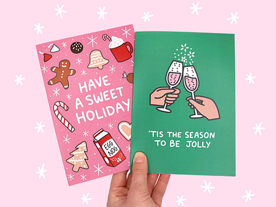 'Tis the season to be jolly candy cane champagne toast christmas card cookies cute digital illustration egg nog gingerbread man greeting card design holiday treats pink and green
