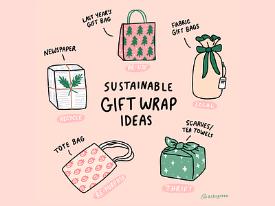 Sustainable Gift Wrap Ideas christmas presents eco friendly furoshiki illustration infographic infographic design line drawing newspaper photoshop recycle repurpose reusable bags reuse sustainability sustainable tote bag