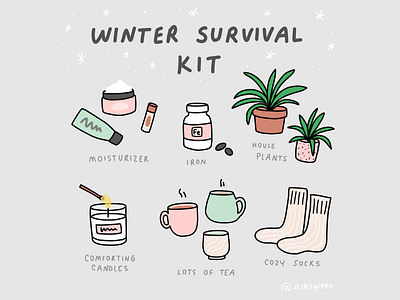 Winter Self Care beauty candle cozy graphics hygge icons icons set illustration infographic iron pills kit plants self care socks tea tea cups tips winter design winter survival kit