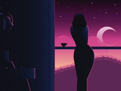 Alone with the moon art design female flat girl graphic design illustration illustrator lady naked nsfw nude photoshop vector