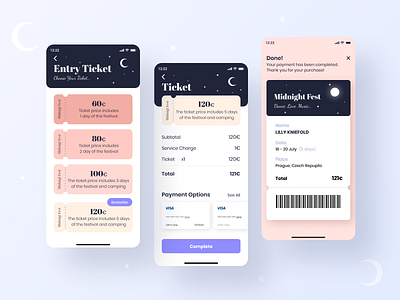 Midnight Fest App 030 check checkot daily challange dailyui design festival festivals ios logo minimal music festival pattern payment pricing pricing table retro ticket ui ux
