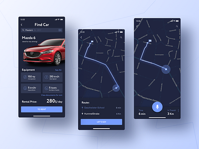 CarSharing App 020 020 daily ui analytics app apple car app carsharing daily challange dailyui dark ui ios location location tracker minimal navigation rental rental car ux web