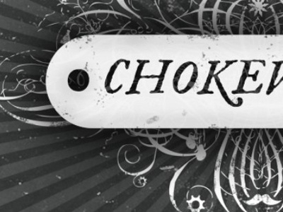 Logo for Chokeville black chokev chokeville chokeville.com distressing false moustache fireland frilly grey identity im fell josh allen logo radial burst