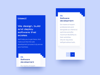 Bisect Website blue blue and white consultancy figma design hero section interface software company software development software house stacked cards ui ui ux ui design user experience user interface user interface design ux design web design website website design