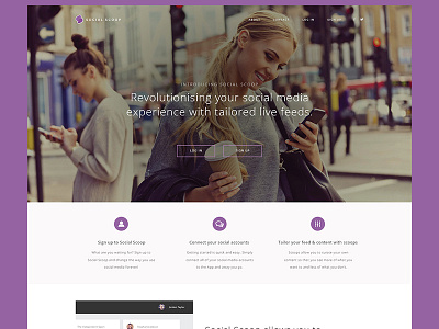 Social Scoop Homepage app homepage feeds homepage live feeds purple social media ui user experience ux web web design