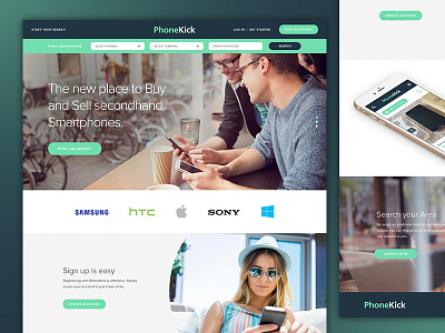 Phonekick - Buy and Sell Mobile phones design e commerce flat green homepage mobile phone responsive ui web web design