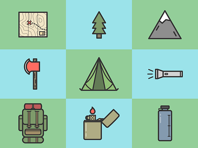 Camping Essentials ax backpack camping essentials flashlight lighter map mountain tent tree water bottle