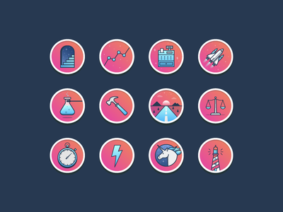 Startup Mixtape Icons gradient hammer iconography icons lighthouse set space stairs stopwatch unicorn