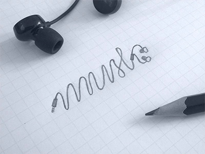 music... earbuds earphones in ear lettering music typography