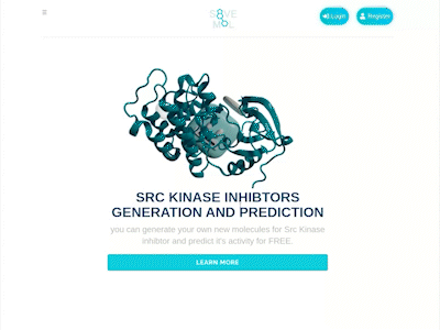 Src Kinase inhibitor generation | Landing page 3d animation branding chemoinformatics drug discovery graphic design illustration landing page mern stack mongodb nodejs react ui ux web app