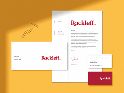 Rackleff LLP Business Papers attorney branding business card government housing identity letterhead logo rackleff red stationary utah yellow