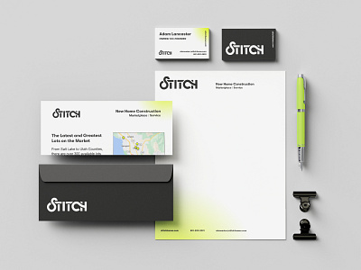 Stitch Stationary branding business card business papers chartreuse envelope homes identity letterhead logo marketplace realestate stationary stitch utah wordmark