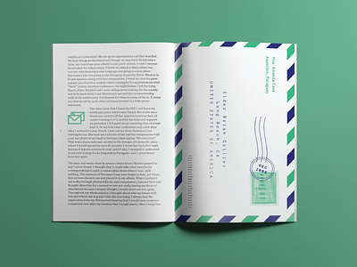 Our Story Spread #2 blue green layout long beach love marriage missions our story paraguay print typography