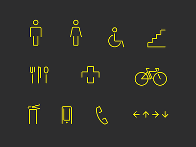 Wayfinding Icons arrows bike black and yellow fire extinguisher first aid icons kitchen mobile phone restrooms stairs wheelchair