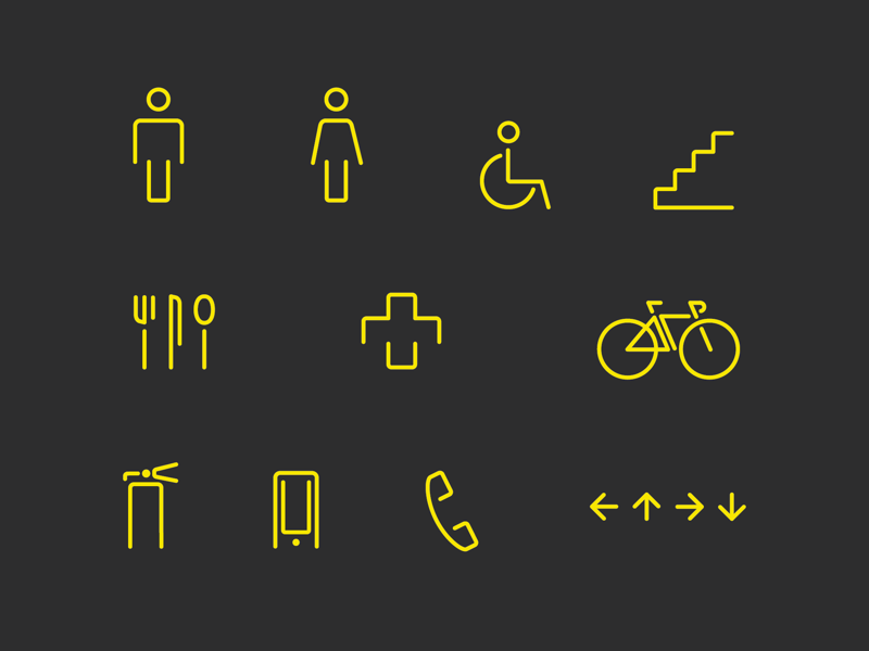 Wayfinding Icons black and yellow arrows phone mobile fire extinguisher bike first aid kitchen stairs wheelchair restrooms icons
