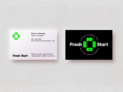 Fresh Start logo/business cards battery black business cards green logo mobile replacement screen repair white