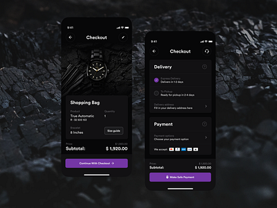 002 - Checkout app cart checkout clock dark delivery minimal mobile payment shopping cart ui ux