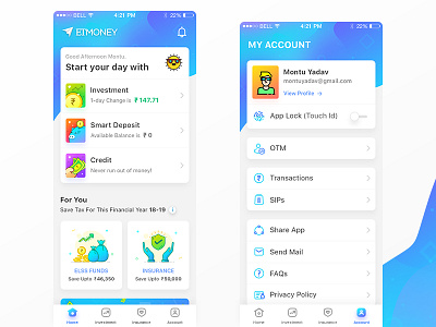 EtMoney Assignment android app credit app deposit app finance app home screen insurance app investment android app investment app my account smart deposit app