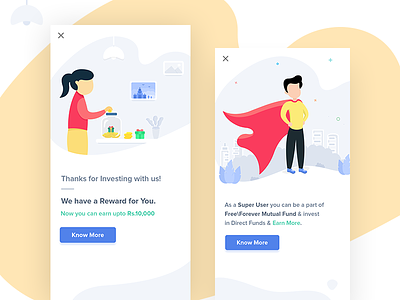 Investment Screens android android app android app design boy illustration character illustration finance android app finance app flat illustration girl illustration illustration invite reward reward illustration rewards super user superboy superuser thankyou ui