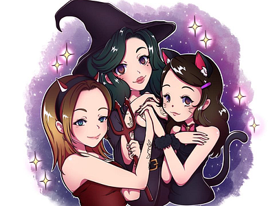 Halloween Trio Commission 🖤 anime commission devil digital artwork freelancer halloween kawaii procreate witch