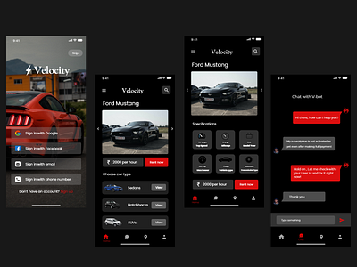 Velocity - Car rental app app branding dark ui design mockup ui ux