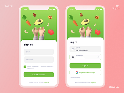 Daily UI 001 - Sign up avocado coral pink daily ui dailyui dailyuichallenge ios ios app ios app design log in sign in sign up