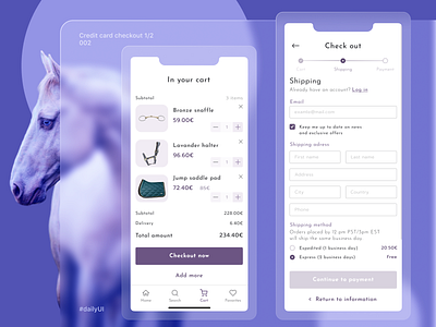 Daily UI - 002 Credit card checkout 1/2 002 cart check out checkout daily ui daily ui 002 dailyui dailyuichallenge fields forms horse products royal purple shipping