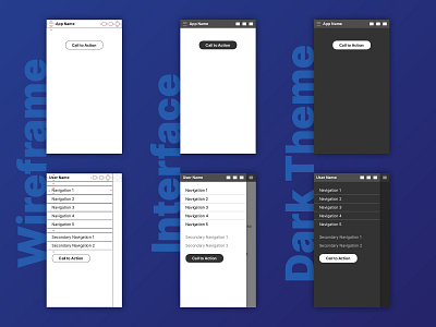 Wireframe, interface, and dark theme app indesign mobile ui