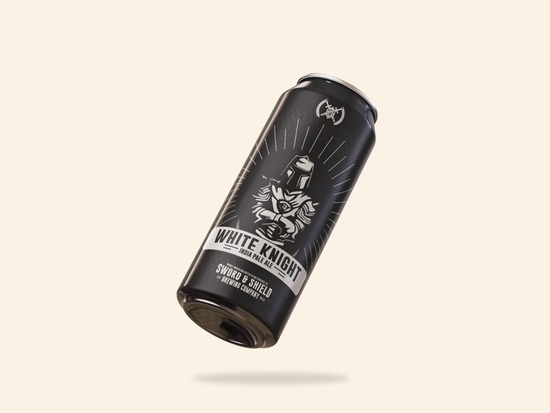 Sword & Shield White Knight IPA Design graphic designer icon design icon black and white craft beer brewery knight medival beer can design can beer can beer can design brand design branding logo design logo graphic design