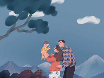 young family baby family happiness illustration love outdoor tree