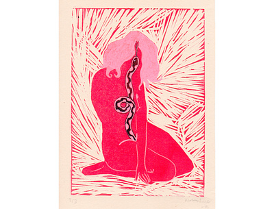 L1 girl illustration lino linocut linoprint pink red snake