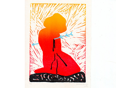 L2 arrow black blood girl illustration lino linocut linoprint orange red yellow