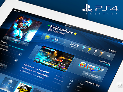 Playstation 4 Profiler app application game ipad mobile playstation profile ps4 translucent ui user interface ux