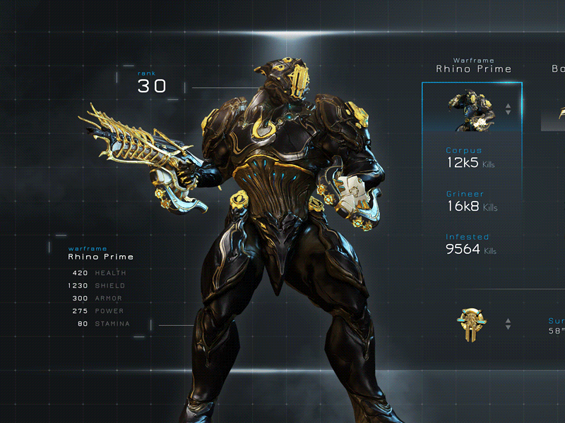Warframe™ - Character Animation clean dashboard flat game menu navigation profile ui user interface video game warframe