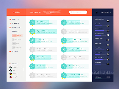 Museo™ - Achievements 🏆 dashboard flat interface menu minimal music orange profile purple ui ux webdesign
