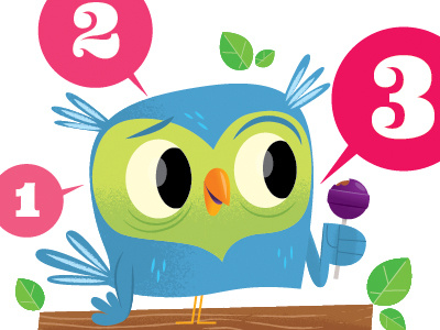 How Many Licks animals birds blue illustration leaves numbers owl word balloons