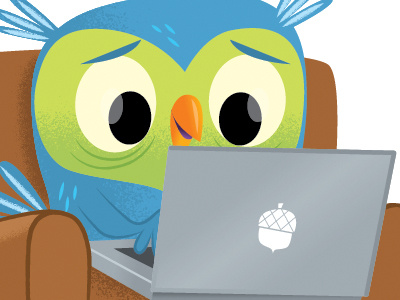 Research acorn character design computer illustration laptop owl