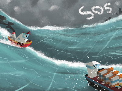 Tough Tug Storm boat digital illustration ocean water
