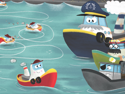 Tough Tug blue boat character design character development characters digital illustration illustration ocean red tugboat