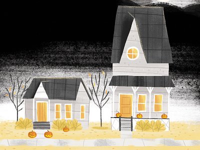 Happy Halloween halloween design haunted house illustration limited color palette midcentury pumokins
