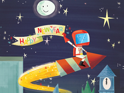 Happy New Year clock fireworks illustration moon new year rocket stars