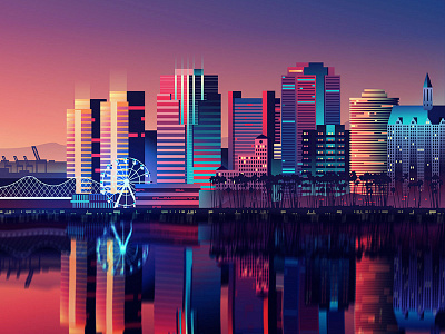 City Scape city lights long beach night reflection sky skyline sunset