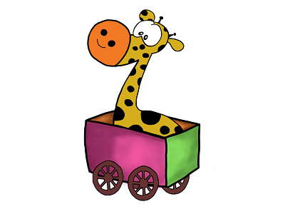 a cute giraffe on a wheeled train.