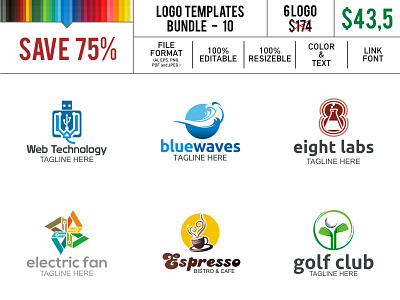 Logo Template 10 blue club eight electric espresso fan golf lab technology wave web