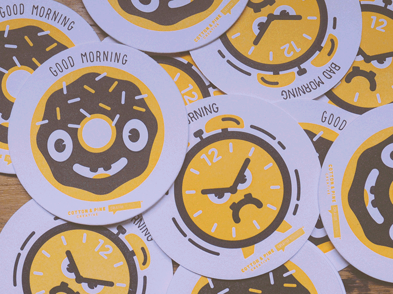 Good Morning / Bad Morning 2 color alarm clock clock coaster creative mornings donut doughnut letterpress vector