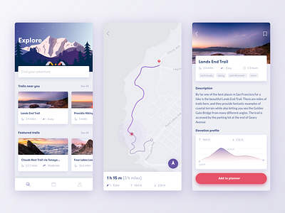 Concept of trail finding app for hikers app app design app ui hiking illustraion map mobile app mobile design mobile ui navigation purple trails ui design