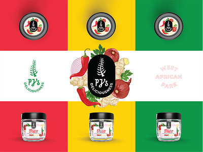 PJ's Deliciousness branding design fern flat ghana green icon logo red sans serif sauce script vegetables west africa yellow